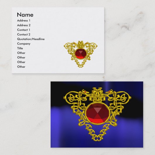 金ゴールドケルトハートジュエル、赤ルビージェムストーンブルー 名刺 (正面/裏面)