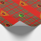 金ゴールドケルトハート、宝石、赤緑色スコットランドタータンチェック ラッピングペーパー (角)