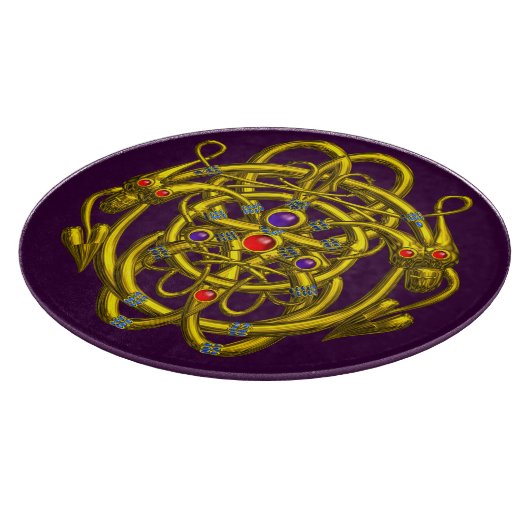 金ゴールドケルト結び目模様で双竜を紫色のカートに入れた カッティングボード (角)