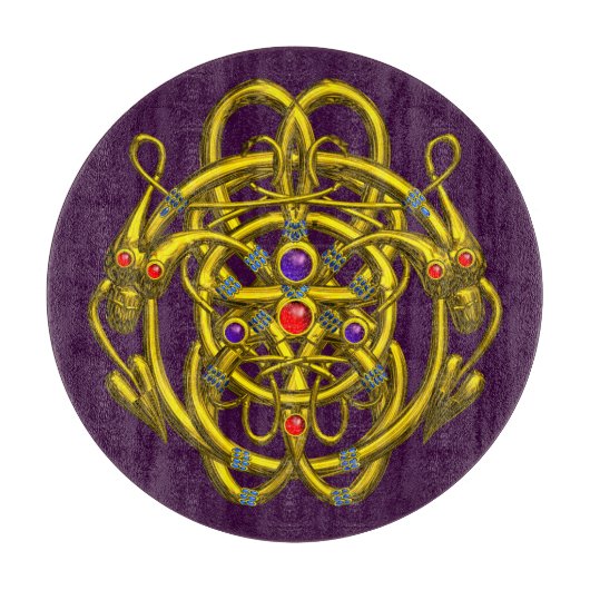 金ゴールドケルト結び目模様で双竜を紫色のカートに入れた カッティングボード (正面)