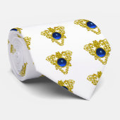 金ゴールドケルト結び目模様ハートジュエルブルージェムストーンホワイト ネクタイ (ロール)