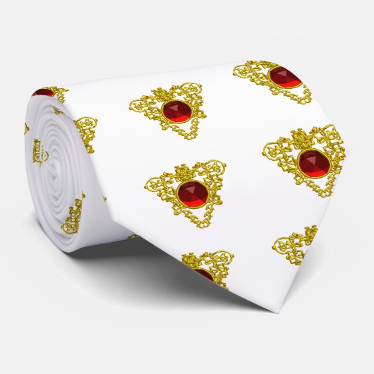 金ゴールドケルト結び目模様ハート宝石赤玉白色 ネクタイ (ロール)
