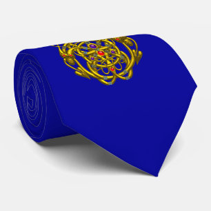 金ゴールドケルト結び目模様TWIN DRAGONS Blue ネクタイ