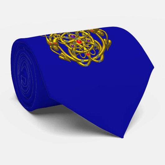 金ゴールドケルト結び目模様TWIN DRAGONS Blue ネクタイ (ロール)