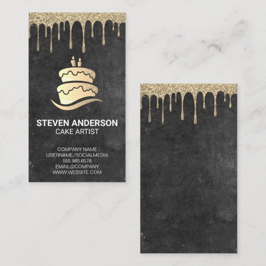 金ゴールドケーキロゴ | 金ゴールドグリッターアイシングドリップ 名刺 (正面/裏面)