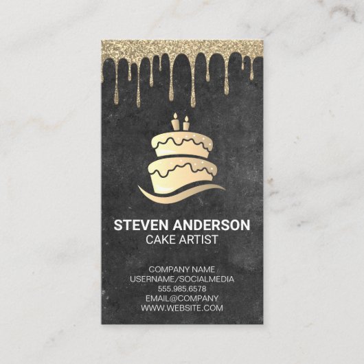 金ゴールドケーキロゴ | 金ゴールドグリッターアイシングドリップ 名刺 (正面)