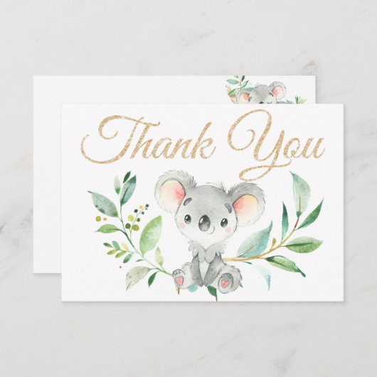 金ゴールドコアラとユーカリ赤ちゃんシャワーありがとう サンキューカード (正面/裏面)