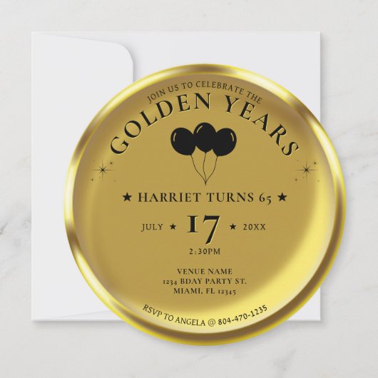 金ゴールドコインゴールデンイヤーズ写真65th誕生日パーティー 招待状 (正面)