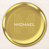 金ゴールドコイン名モノグラムイニシャル ラウンドペーパーコースター (正面)