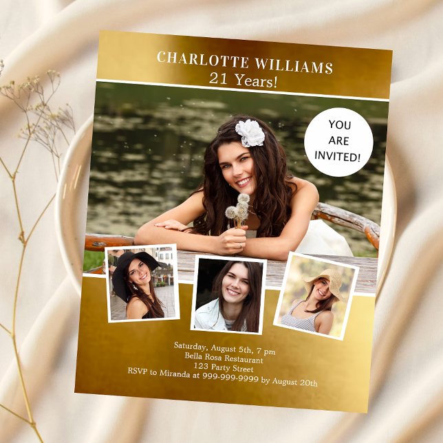 金ゴールドコラージュ誕生日の招待 (クリエイターアップロード済み)