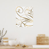 金ゴールドコンテンポラリーの渦巻きと白の上で繁栄 ポスター (キッチン)