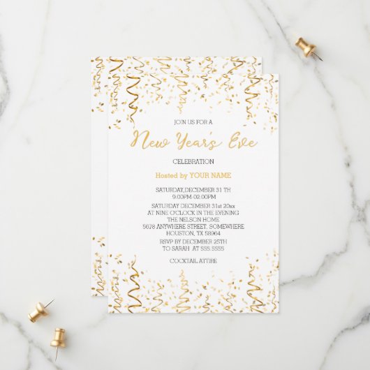 金ゴールドコンフェティエレガントホワイトニューイヤー招待状 セーブザデート (正面/裏面インサイチュ)