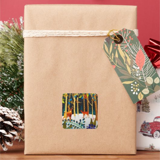 金ゴールドコージーウィンターディアーフォレストウォーター色 スクエアシール (クリスマス)