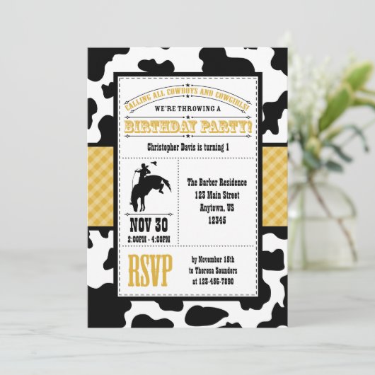 金ゴールドコーハイドカウボーイ誕生日招待状 招待状 (スタンド正面)