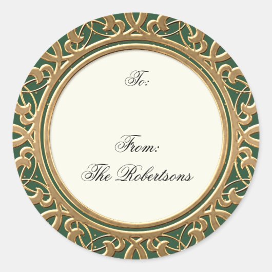 金ゴールドゴールデンスワールエレガントクリスマスギフトタグ ラウンドシール (正面)