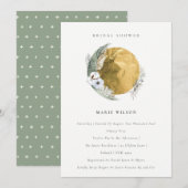 金ゴールドサガグリーンフローラリースブライダルシャワー招待状 サンキューカード (正面/裏面)