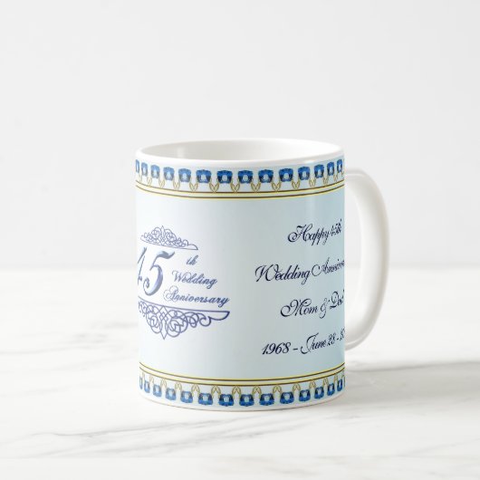 金ゴールドサファイアブルー結婚45周年 コーヒーマグカップ (正面右)