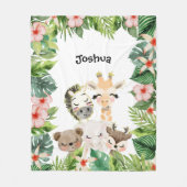 金ゴールドサファリの友だち |水彩フローラ緑 フリースブランケット (正面)