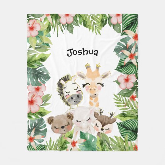 金ゴールドサファリの友だち |水彩フローラ緑 フリースブランケット (正面)