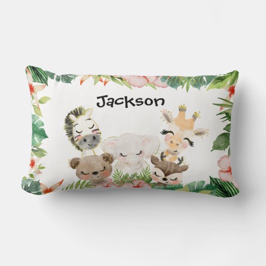 金ゴールドサファリの友だち |水彩フローラ緑 ランバークッション (正面)