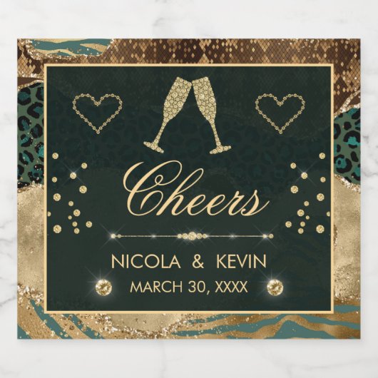 金ゴールドサファリアニマルプリントグリッターアゲ結婚ート スパークリングワインラベル (シングルラベル)