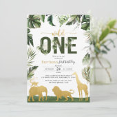 金ゴールドサファリジャングル動物野生1誕生日 招待状 (スタンド正面)