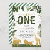 金ゴールドサファリジャングル動物野生1誕生日 招待状 (正面/裏面)