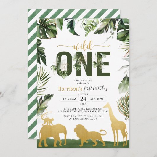 金ゴールドサファリジャングル動物野生1誕生日 招待状 (正面/裏面)