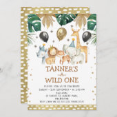 金ゴールドサファリパターンワイルドワンサファリ誕生日 招待状 (正面/裏面)