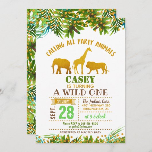 金ゴールドサファリ動物誕生日招待状 招待状 (正面/裏面)