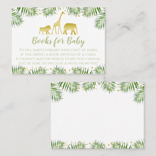 金ゴールドサファリ赤ちゃんシャワーベビーカード用の本を持って来る プレイスカード (正面/裏面)