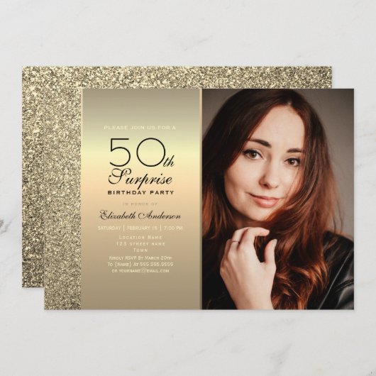 金ゴールドサプライズ写真50誕生日 招待状 (正面/裏面)