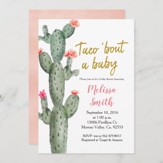 金ゴールドサボテンフローラベビーシャワータコバウトベビー 招待状 (正面/裏面)