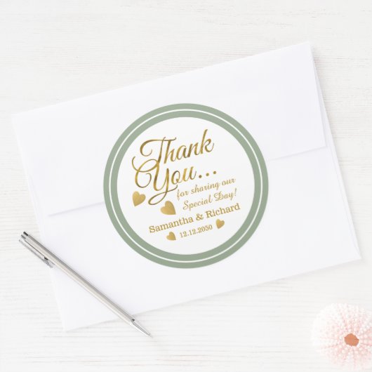金ゴールドサンキューセージグリーン結婚式の引き出物 ラウンドシール (封筒)