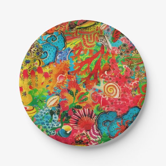 金ゴールドサンゴ夏の熱帯海魚の水色 ペーパープレート (正面)