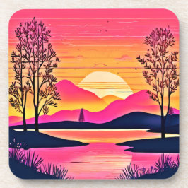 金ゴールドサンセットオーバーピンクレイクアート コースター