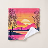 金ゴールドサンセットオーバーピンクレイクアート バスタオルセット (ウォッシュタオル)