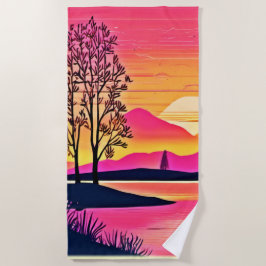 金ゴールドサンセットオーバーピンクレイクアート ビーチタオル