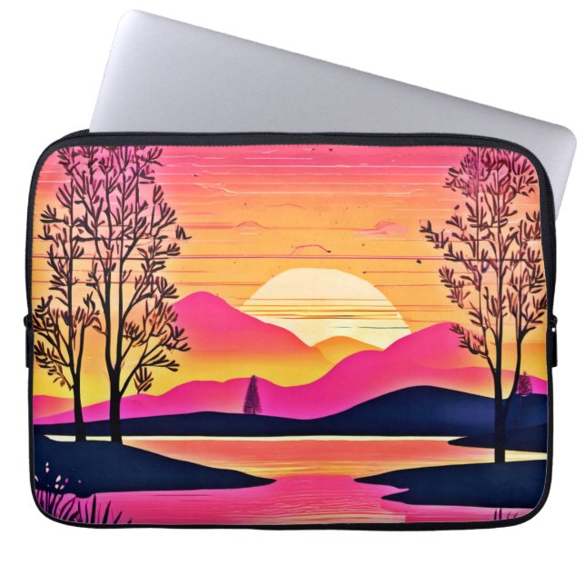 金ゴールドサンセットオーバーピンクレイクアート ラップトップスリーブ (正面)