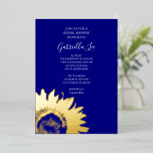 金ゴールドサンフラワーオンネイビーブルーブライダルシャワー 箔招待状 (立ち正面)