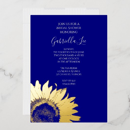 金ゴールドサンフラワーオンネイビーブルーブライダルシャワー 箔招待状 (封筒)