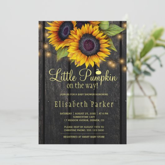 金ゴールドサンフラワーカントリー木赤ちゃんシャワー 招待状 (スタンド正面)