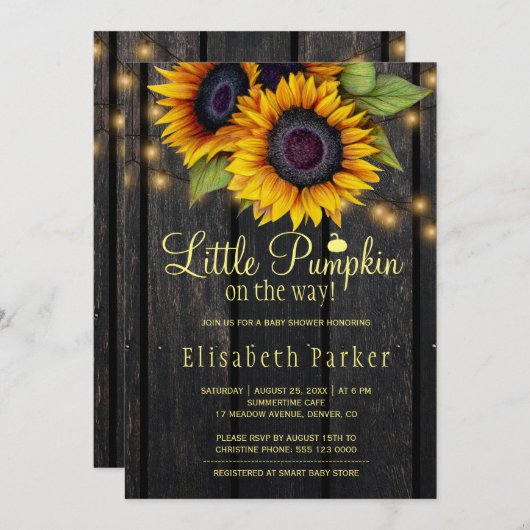 金ゴールドサンフラワーカントリー木赤ちゃんシャワー 招待状 (正面/裏面)