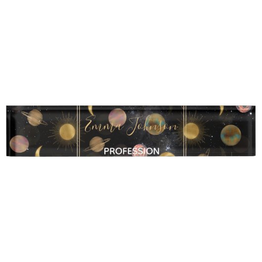 金ゴールドサンムーンプラデッツ宇宙イラストレーション デスクネームプレート (正面)