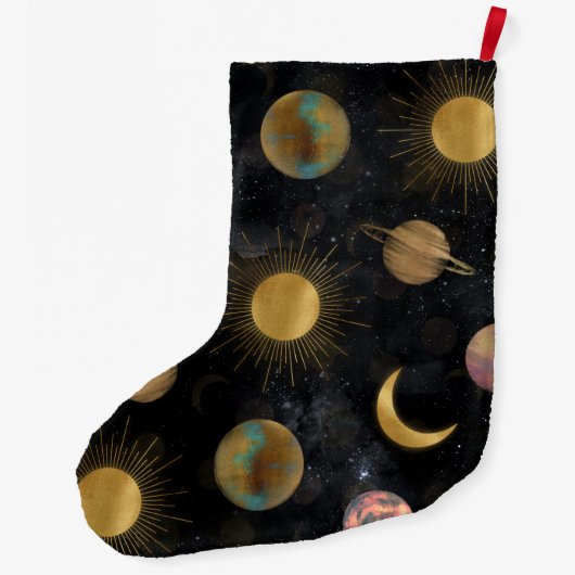 金ゴールドサンムーンプラデッツ宇宙イラストレーション ラージクリスマスストッキング (裏面)