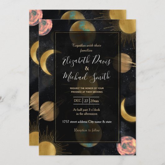 金ゴールドサンムーンプラデッツ宇宙イラストレーション 招待状 (正面/裏面)
