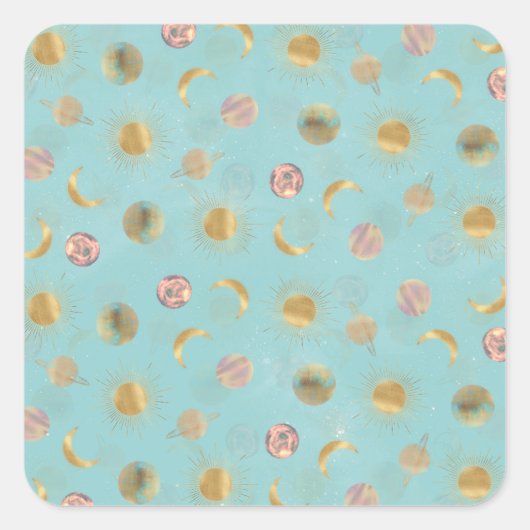 金ゴールドサンムーンプラデッツ宇宙ブルーイラストレーション スクエアシール (正面)