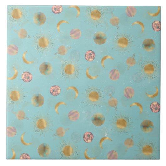 金ゴールドサンムーンプラデッツ宇宙ブルーイラストレーション タイル (正面)