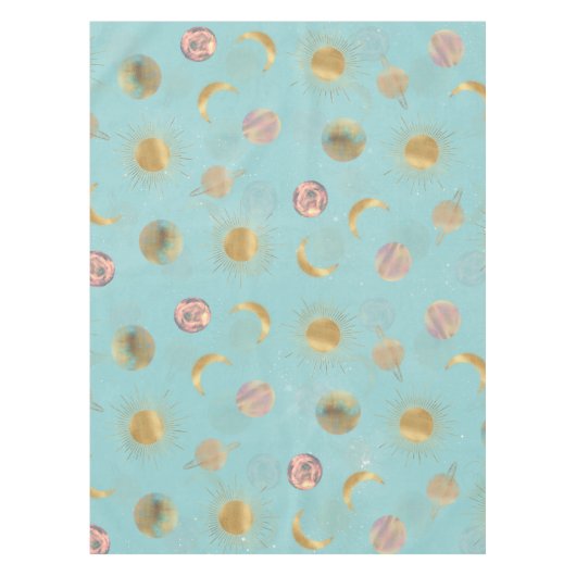 金ゴールドサンムーンプラデッツ宇宙ブルーイラストレーション テーブルクロス (正面)