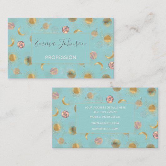 金ゴールドサンムーンプラデッツ宇宙ブルーイラストレーション 名刺 (正面/裏面)